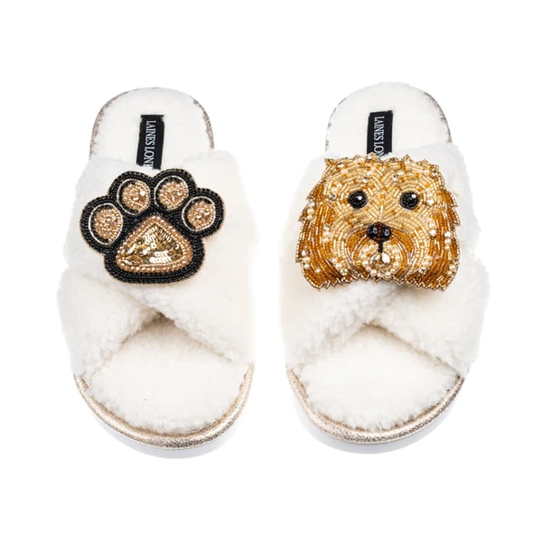Laines London Laines Neutral Boucle Slippers With Enki Doo The Cockapoo & Paw Brooches