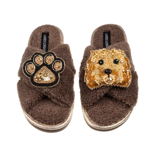 Laines London Laines Neutral Boucle Slippers With Enki Doo The Cockapoo & Paw Brooches