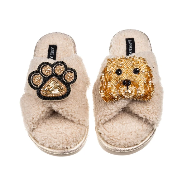 Laines London Laines Neutral Boucle Slippers With Enki Doo The Cockapoo & Paw Brooches