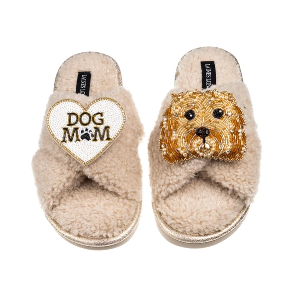 laines london Laines Neutral Boucle Slippers With Enki-Doo The Cockapoo & Dog Mum/Mom Brooches