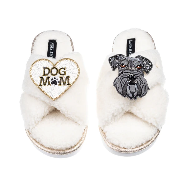 Laines London Laines Neutral Boucle Slippers With Ernie The Schnauzer & Dog Mum / Mom Brooches
