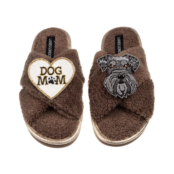 Laines London Laines Neutral Boucle Slippers With Ernie The Schnauzer & Dog Mum / Mom Brooches