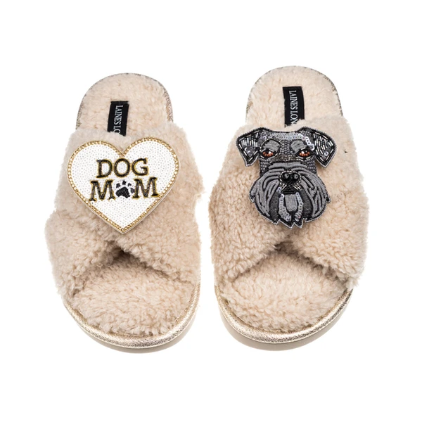 Laines London Laines Neutral Boucle Slippers With Ernie The Schnauzer & Dog Mum / Mom Brooches