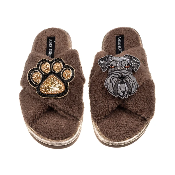 Laines London Laines Neutral Boucle Slippers With Ernie The Schnauzer & Paw Brooches