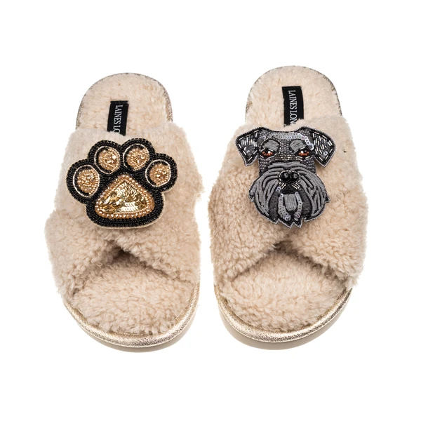 Laines London Laines Neutral Boucle Slippers With Ernie The Schnauzer & Paw Brooches