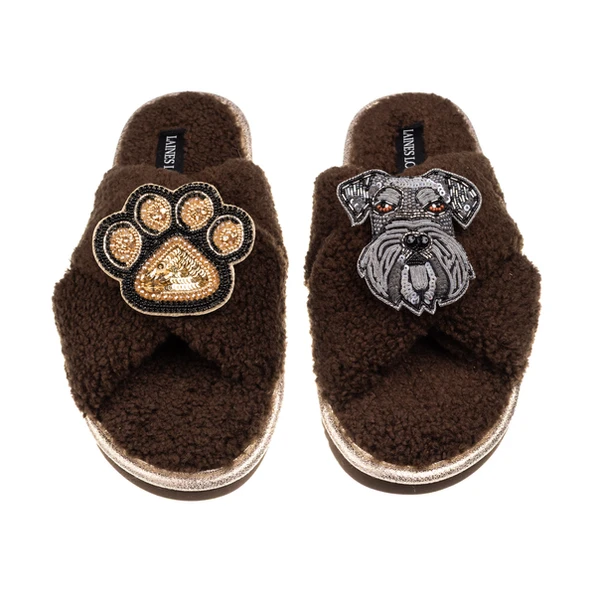Laines London Laines Neutral Boucle Slippers With Ernie The Schnauzer & Paw Brooches