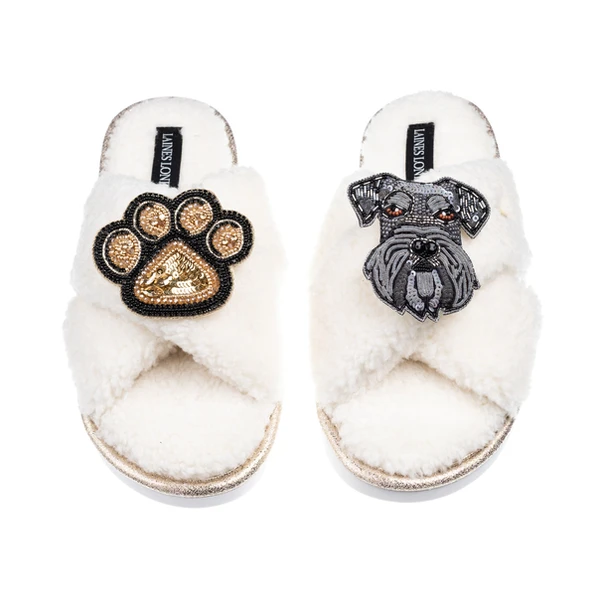 laines london Laines Neutral Boucle Slippers With Ernie The Schnauzer & Paw Brooches
