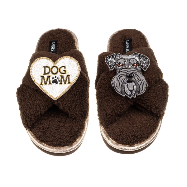 laines london Laines Neutral Boucle Slippers With Ernie The Schnauzer & Dog Mum / Mom Brooches