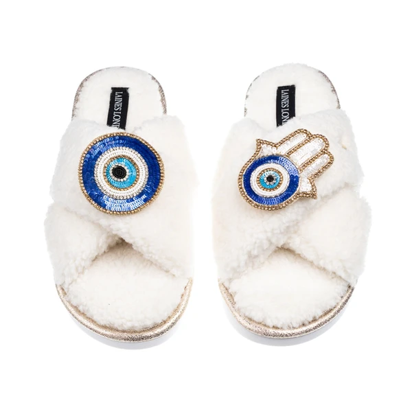 Laines London Laines Neutral Boucle Slippers With Evil Eye & Hamsa Hand Brooches