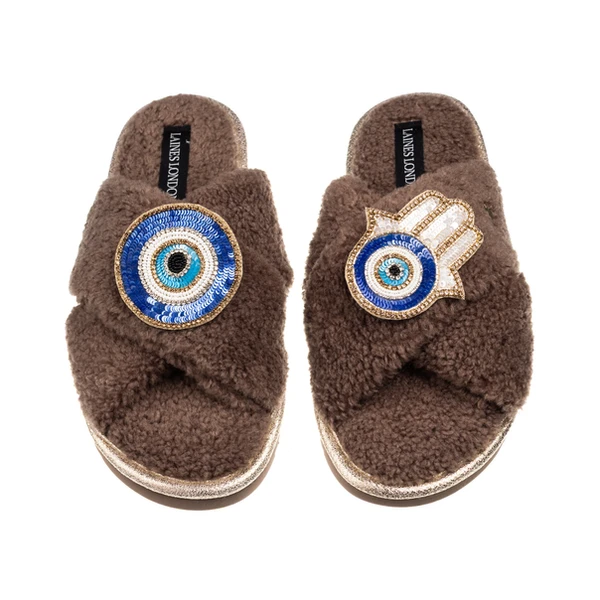 Laines London Laines Neutral Boucle Slippers With Evil Eye & Hamsa Hand Brooches