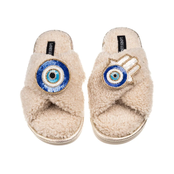 Laines London Laines Neutral Boucle Slippers With Evil Eye & Hamsa Hand Brooches