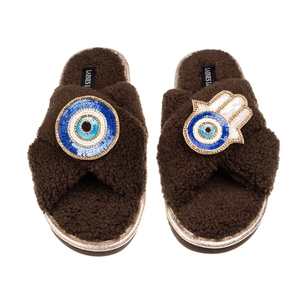 laines london Laines Neutral Boucle Slippers With Evil Eye & Hamsa Hand Brooches