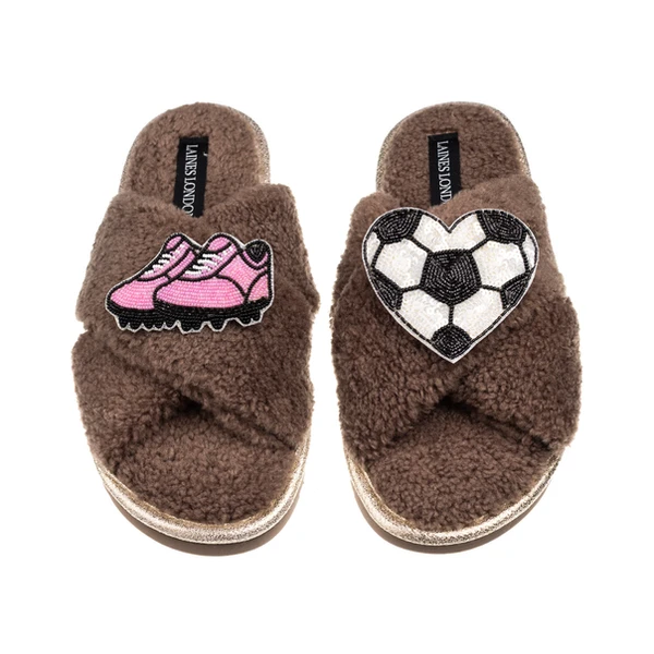 Laines London Laines Neutral Boucle Slippers With Football / Soccer Lover Brooches