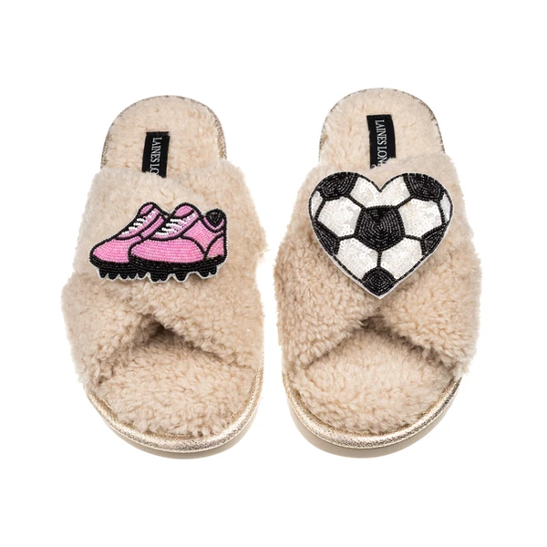Laines London Laines Neutral Boucle Slippers With Football / Soccer Lover Brooches