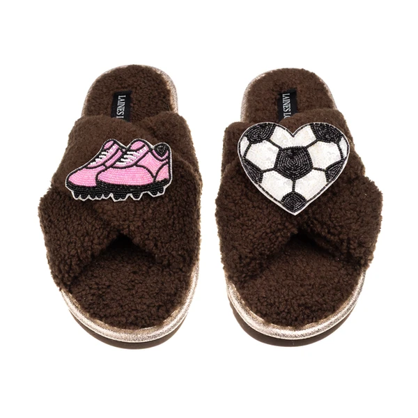 Laines London Laines Neutral Boucle Slippers With Football / Soccer Lover Brooches