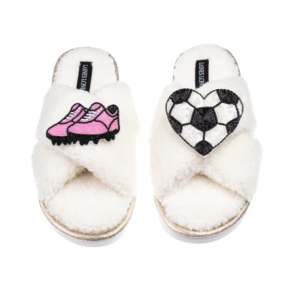 laines london Laines Neutral Boucle Slippers With Football / Soccer Lover Brooches