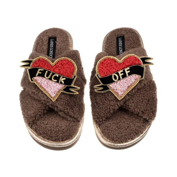 Laines London Laines Neutral Boucle Slippers With Fuck Off Brooches