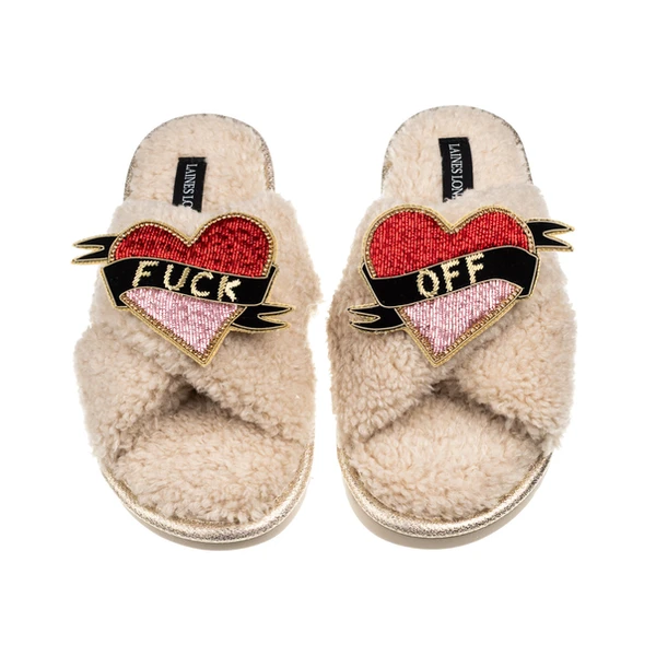 Laines London Laines Neutral Boucle Slippers With Fuck Off Brooches