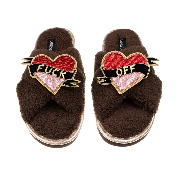 Laines London Laines Neutral Boucle Slippers With Fuck Off Brooches