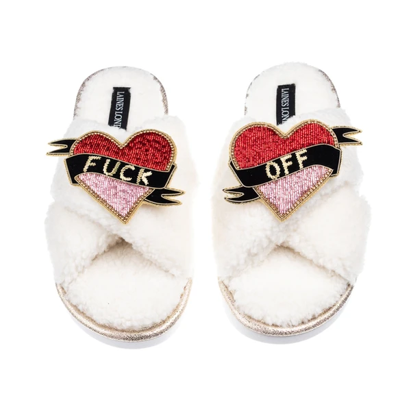 laines london Laines Neutral Boucle Slippers With Fuck Off Brooches