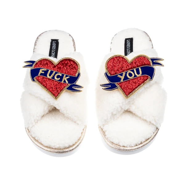 Laines London Laines Neutral Boucle Slippers With Fuck You Brooches