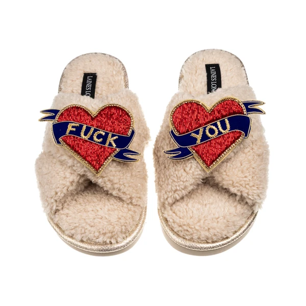 Laines London Laines Neutral Boucle Slippers With Fuck You Brooches