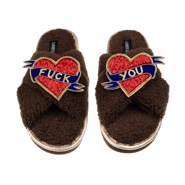 Laines London Laines Neutral Boucle Slippers With Fuck You Brooches