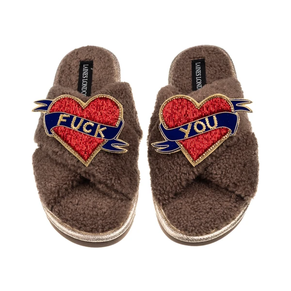 laines london Laines Neutral Boucle Slippers With Fuck You Brooches