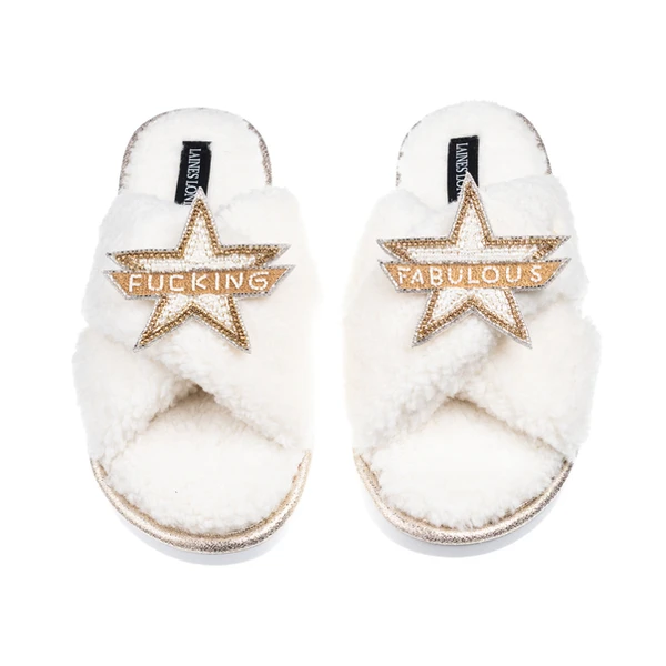 Laines London Laines Neutral Boucle Slippers With Fucking Fabulous Brooches