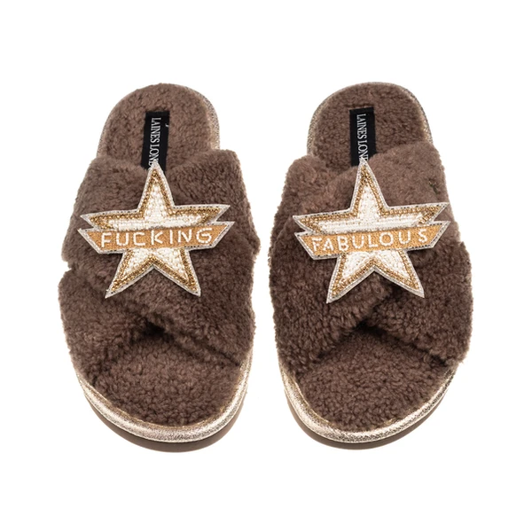 Laines London Laines Neutral Boucle Slippers With Fucking Fabulous Brooches