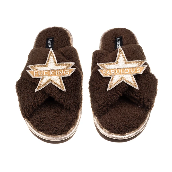 Laines London Laines Neutral Boucle Slippers With Fucking Fabulous Brooches