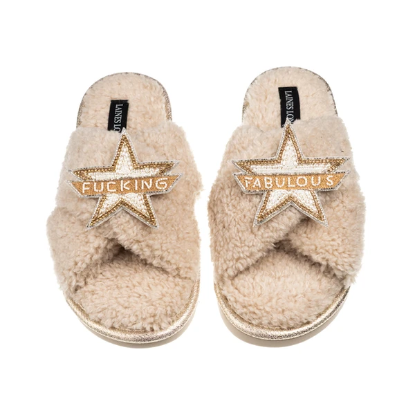 laines london Laines Neutral Boucle Slippers With Fucking Fabulous Brooches