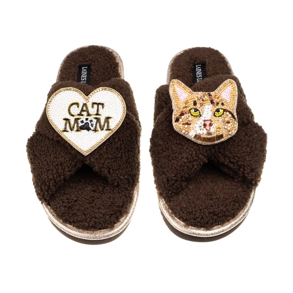 Laines London Laines Neutral Boucle Slippers With Ginger Cat & Cat Mum/Mom Brooches