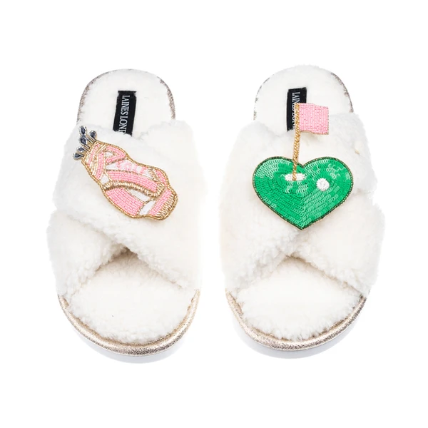 Laines London Laines Neutral Boucle Slippers With Golf Lover Brooches