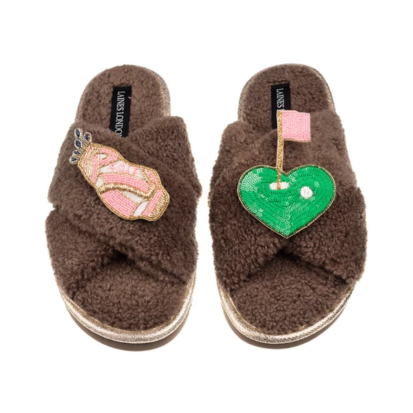 Laines London Laines Neutral Boucle Slippers With Golf Lover Brooches