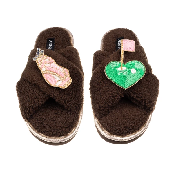 Laines London Laines Neutral Boucle Slippers With Golf Lover Brooches