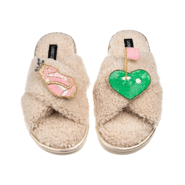 laines london Laines Neutral Boucle Slippers With Golf Lover Brooches