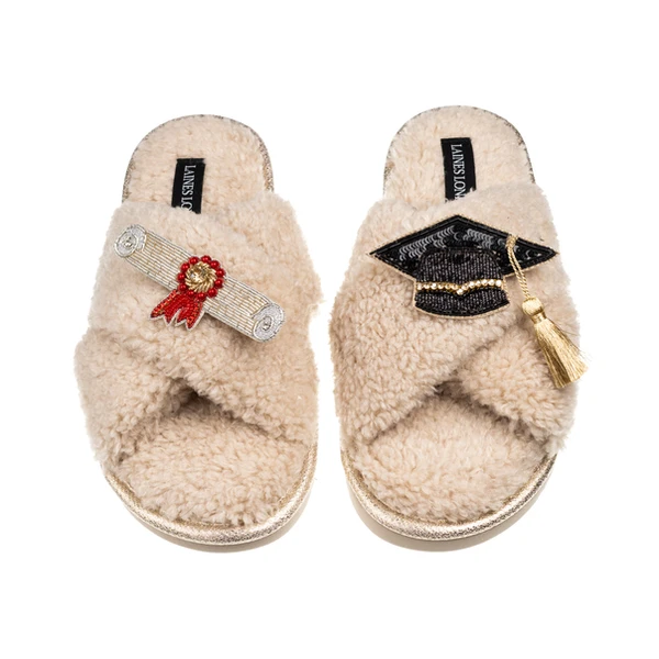 laines london Laines Neutral Boucle Slippers With Graduation Brooches