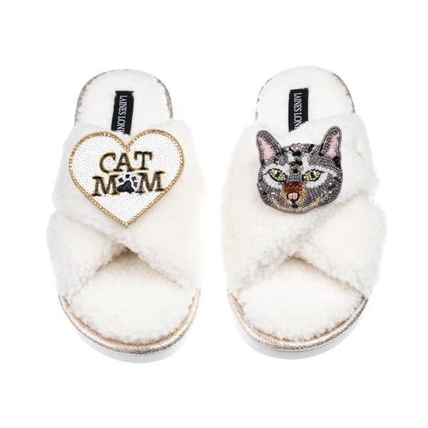 Laines London Laines Neutral Boucle Slippers With Grey Cat & Cat Mum/Mom Brooches