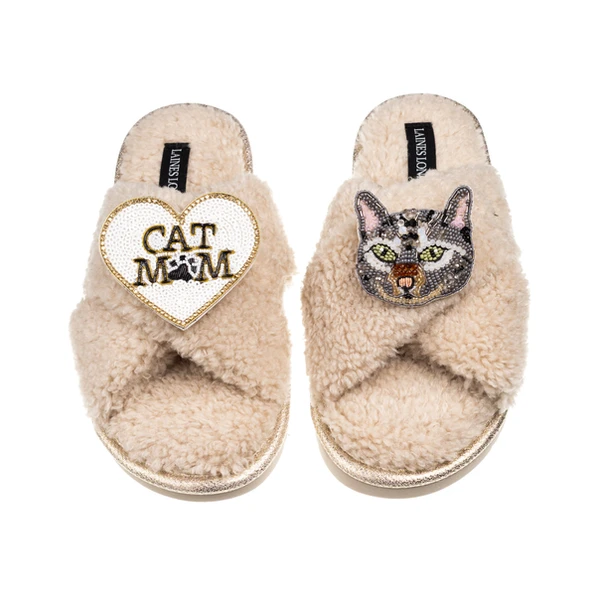 Laines London Laines Neutral Boucle Slippers With Grey Cat & Cat Mum/Mom Brooches