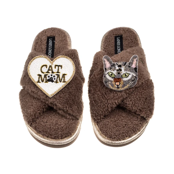 laines london Laines Neutral Boucle Slippers With Grey Cat & Cat Mum/Mom Brooches
