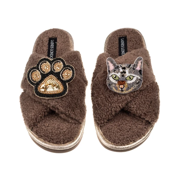 Laines London Laines Neutral Boucle Slippers With Grey Cat & Paw Brooches