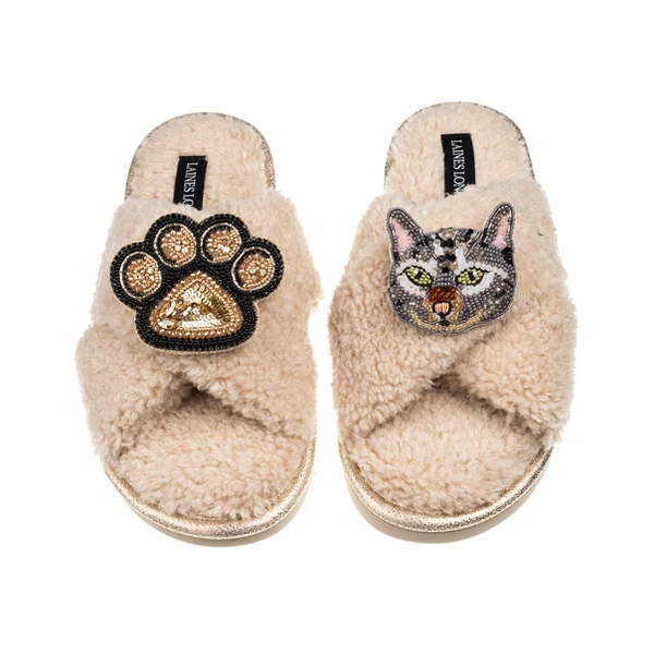 Laines London Laines Neutral Boucle Slippers With Grey Cat & Paw Brooches