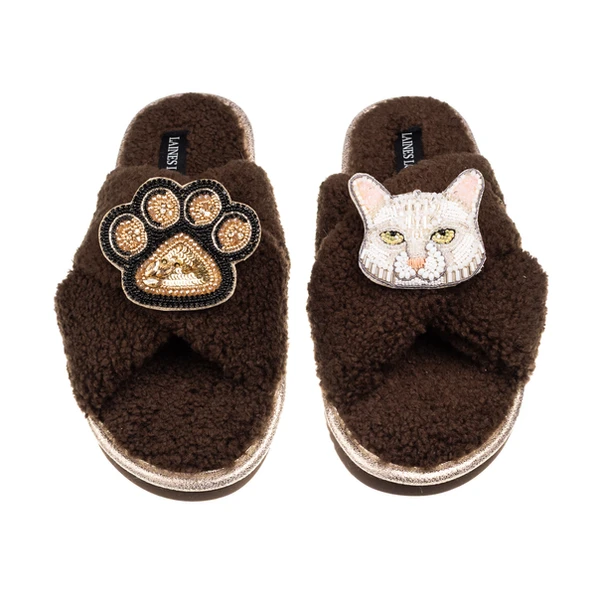 Laines London Laines Neutral Boucle Slippers With Grey Cat & Paw Brooches