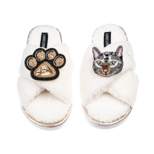 laines london Laines Neutral Boucle Slippers With Grey Cat & Paw Brooches