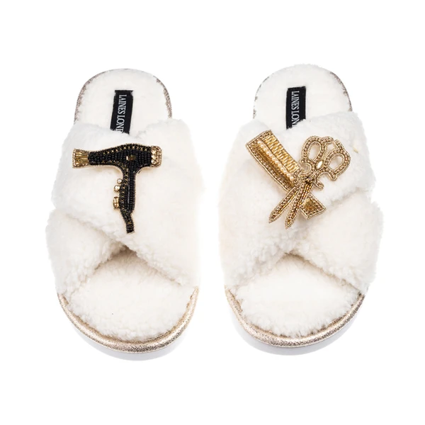 Laines London Laines Neutral Boucle Slippers With Hairdresser Brooches