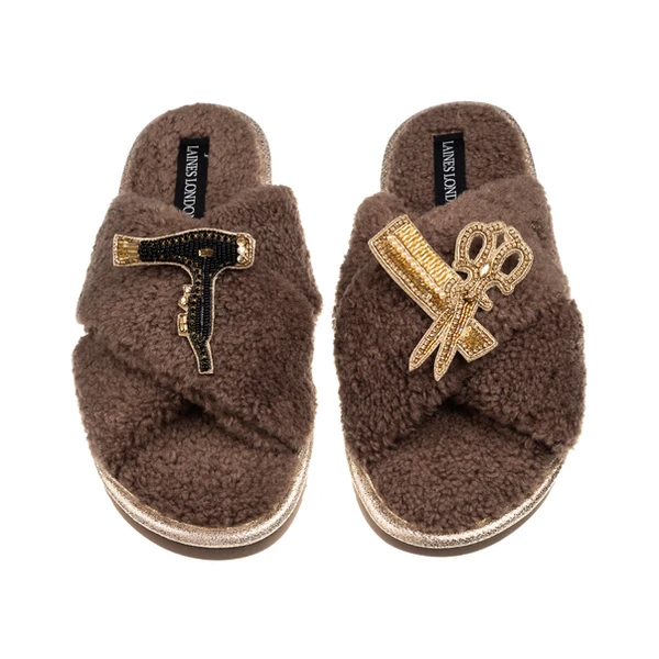 Laines London Laines Neutral Boucle Slippers With Hairdresser Brooches