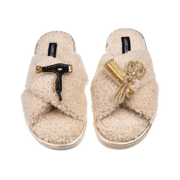 Laines London Laines Neutral Boucle Slippers With Hairdresser Brooches