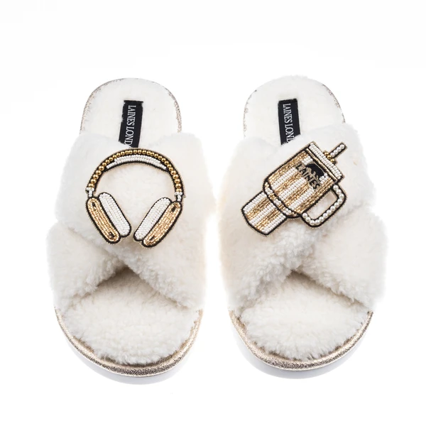 Laines London Laines Neutral Boucle Slippers With Headphones & Quencher Brooches