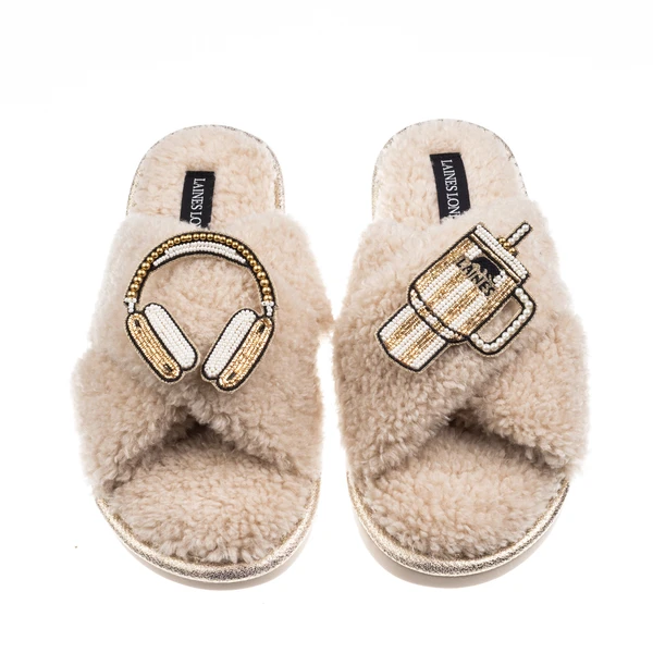 Laines London Laines Neutral Boucle Slippers With Headphones & Quencher Brooches